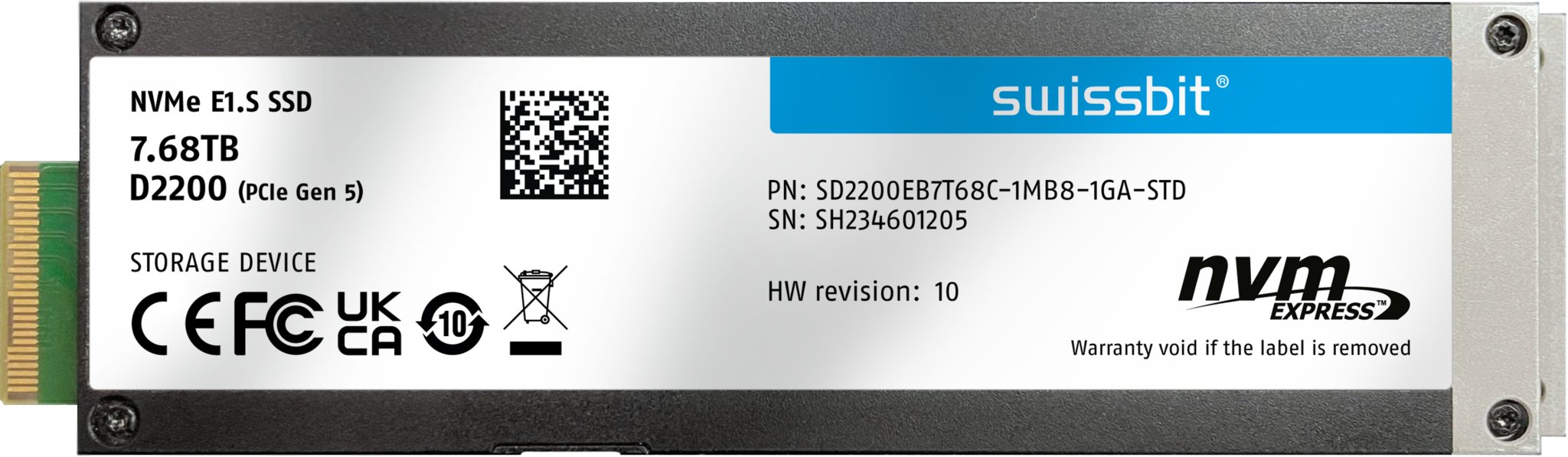 Enterprise E1.S PCIe SSD, D2200, 7680 GB, 3D TLC Flash, 0°C to +70°C