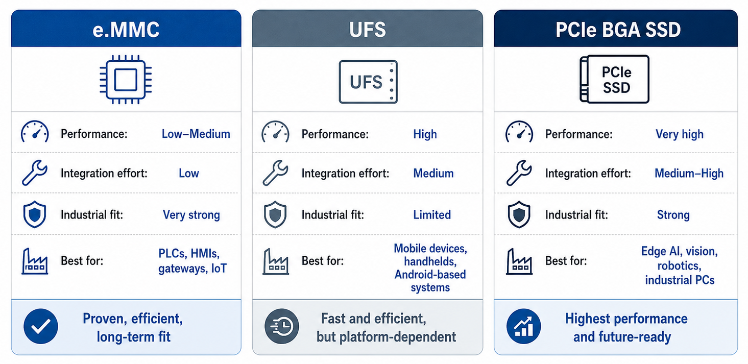 Comparison of e.MMC, UFS and PCIe BGA storage technologies for industrial applications