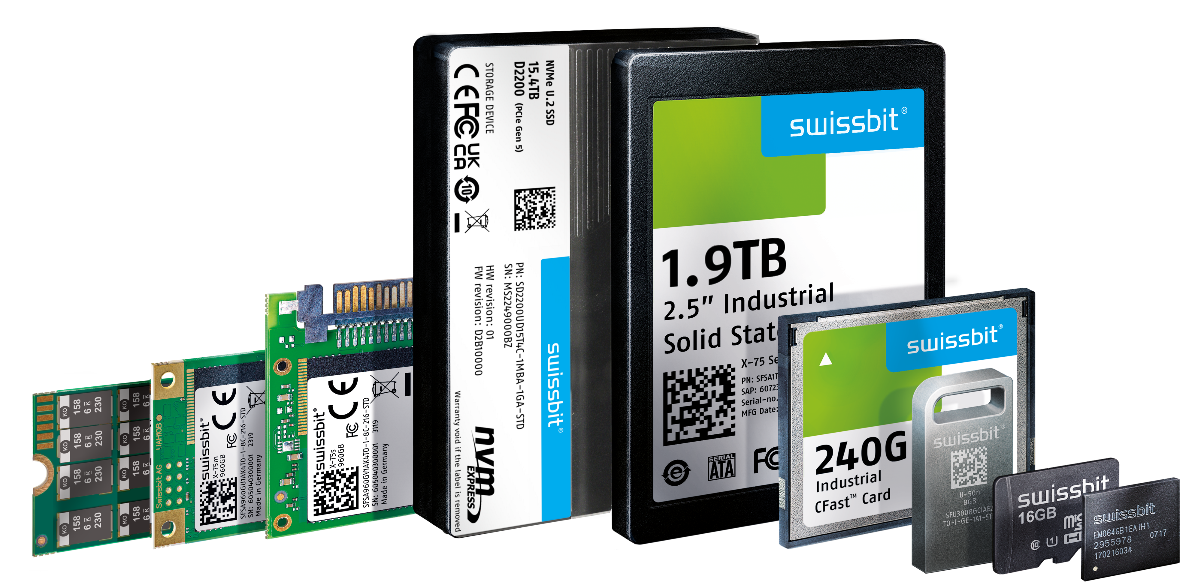 Swissbit Industrial SSD and Flash Storage Portfolio Swissbit industrial storage portfolio featuring M.2 and U.2 NVMe SSDs, a 2.5-inch industrial SSD, CFast card, USB drive, microSD card, and embedded storage modules.