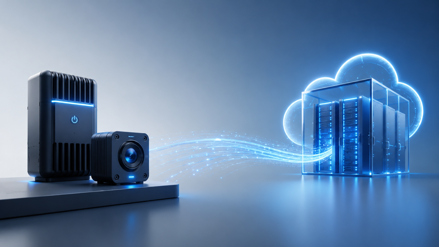 Swissbit VLA-Ready Edge AI Infrastructure Edge AI devices connected to cloud server infrastructure through a secure data stream, illustrating VLA-ready processing from edge to core.