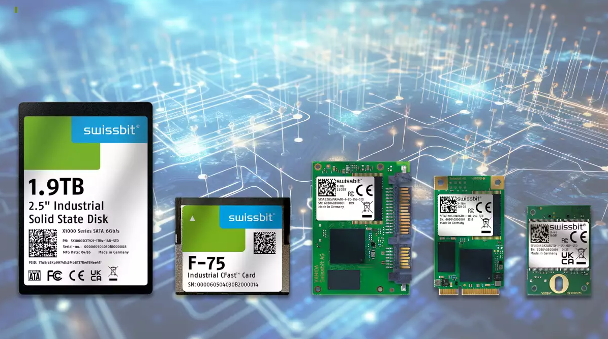 Swissbit 工業級快閃儲存產品線，包含 1.9TB 2.5 吋 SATA SSD、F-75 CFast 卡，以及緊湊型嵌入式 SSD 模組。