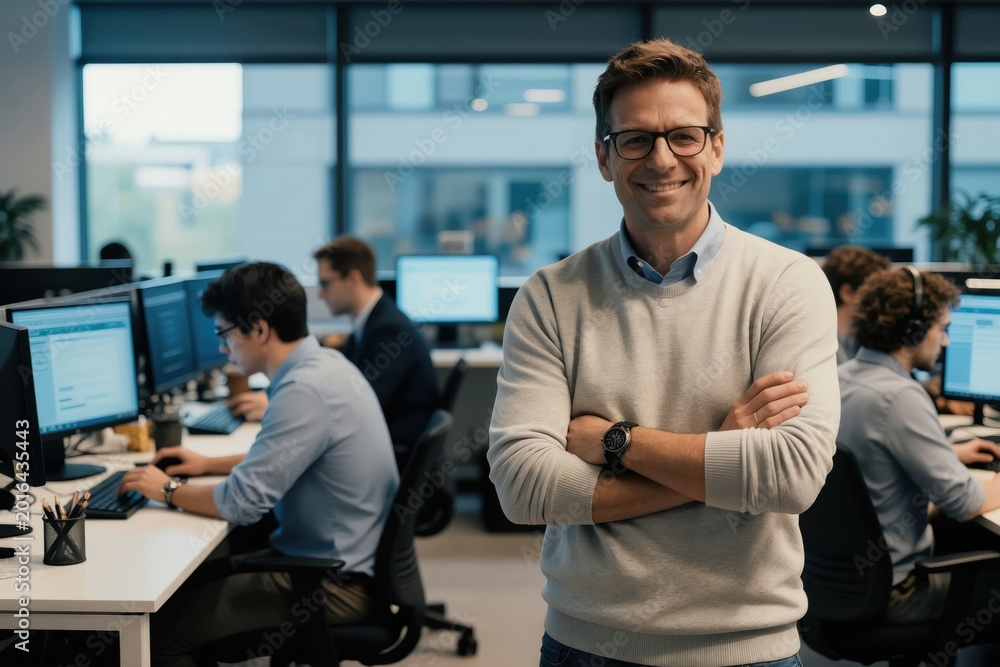Lächelnder Mann mit verschränkten Armen in einem Büro, im Hintergrund arbeitet ein Team an Bildschirmen