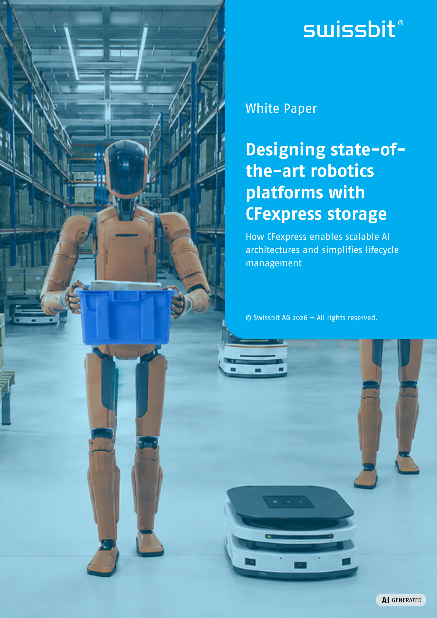 Designing AI Robotics Platforms with CFexpress Storage | Swissbit White Paper Swissbit white paper cover featuring a humanoid robot and autonomous mobile robot in an industrial warehouse, focused on CFexpress storage for AI robotics