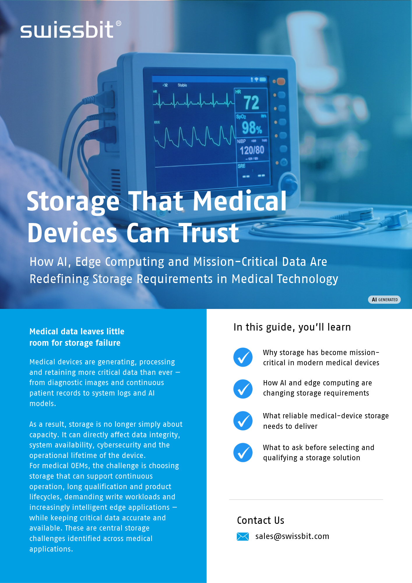 Medical Device Storage Solutions for AI and Edge Computing Swissbit white paper on reliable medical device storage, AI and edge computing, featuring a patient monitor and mission-critical data storage solutions.